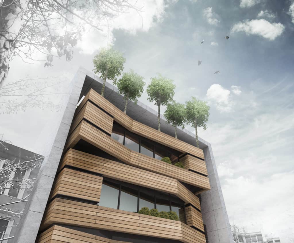 Kombination von Beton, Holz und Bäume im Fassadendesign, Modern Architecture