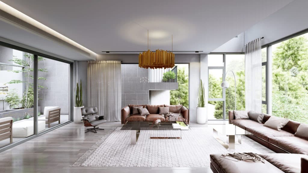 Innenvisualisierung wohnzimmer mit modernen Möbel und Garten